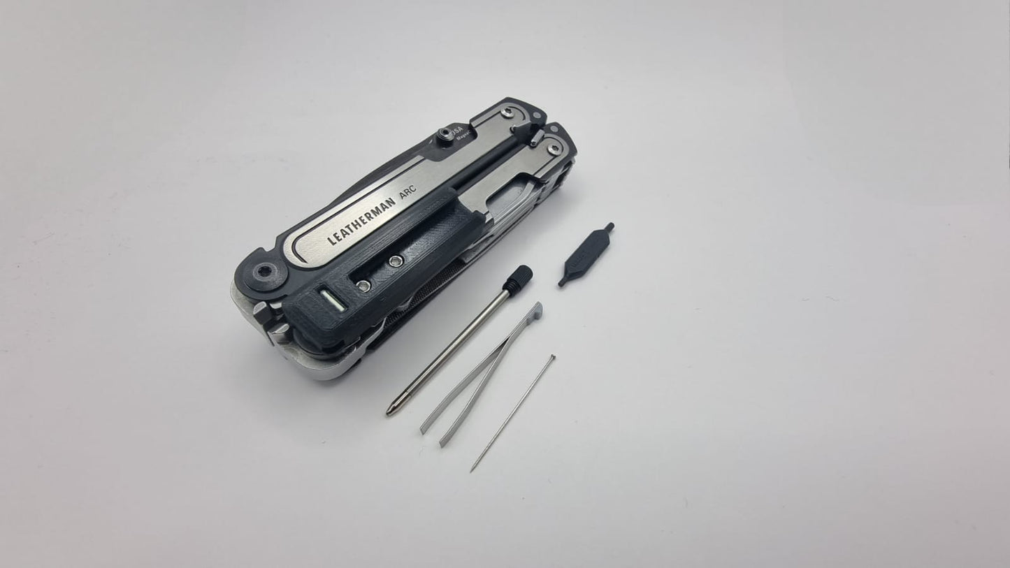 Bit Holder with Pen, Tweezers and Needle for Leatherman Arc,  FREE P2, P4 "Tritium design" - Everyone needs a Pen!