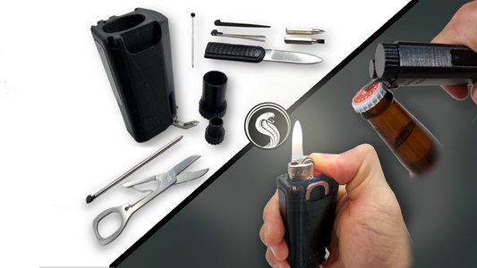 Lighter Case MultiTool - Fire Friend Delux - Pen, Scissors, Knife, Tweezers, Screwdriver, Bottle Opener, Toothpick, Storage, Waterproof.